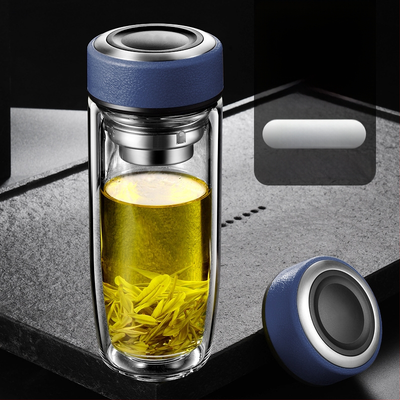 Διπλό τοίχωμα γυάλινο ποτήρι νερού από γυαλί υψηλής θερμοαντοχής με καπάκι και σουρωτήρι, ευφυής ένδειξη θερμοκρασίας, εκτυπωμένο λογότυπο, εταιρικό δώρο