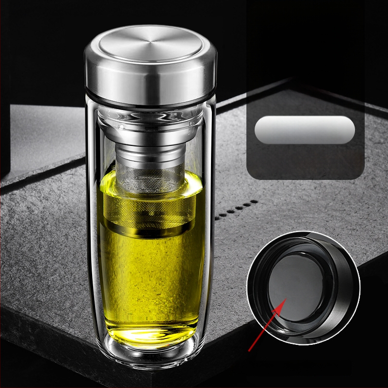 Διπλό τοίχωμα γυάλινο ποτήρι νερού από γυαλί υψηλής θερμοαντοχής με καπάκι και σουρωτήρι, ευφυής ένδειξη θερμοκρασίας, εκτυπωμένο λογότυπο, εταιρικό δώρο