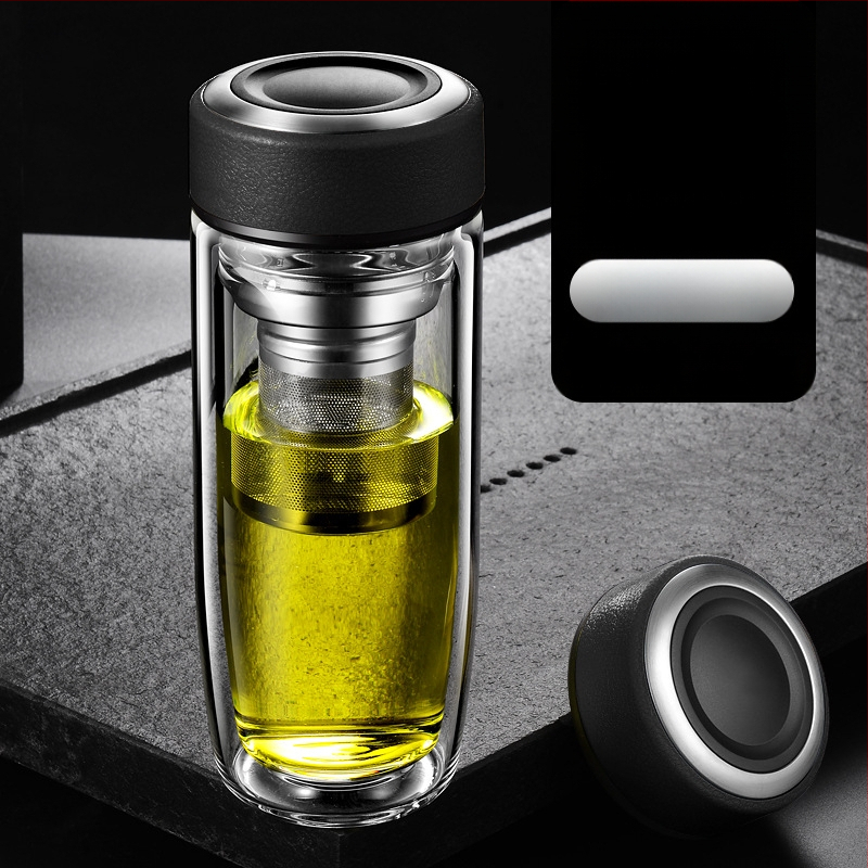 Διπλό τοίχωμα γυάλινο ποτήρι νερού από γυαλί υψηλής θερμοαντοχής με καπάκι και σουρωτήρι, ευφυής ένδειξη θερμοκρασίας, εκτυπωμένο λογότυπο, εταιρικό δώρο