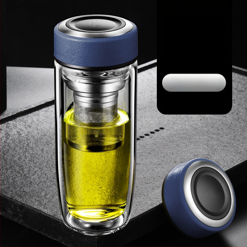 Διπλό τοίχωμα γυάλινο ποτήρι νερού από γυαλί υψηλής θερμοαντοχής με καπάκι και σουρωτήρι, ευφυής ένδειξη θερμοκρασίας, εκτυπωμένο λογότυπο, εταιρικό δώρο