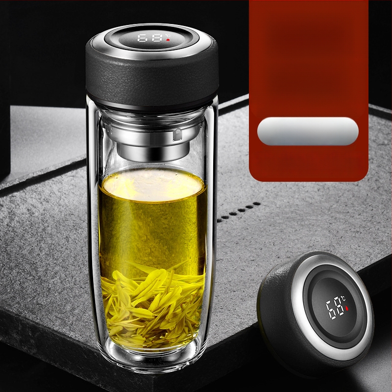 Διπλό τοίχωμα γυάλινο ποτήρι νερού από γυαλί υψηλής θερμοαντοχής με καπάκι και σουρωτήρι, ευφυής ένδειξη θερμοκρασίας, εκτυπωμένο λογότυπο, εταιρικό δώρο