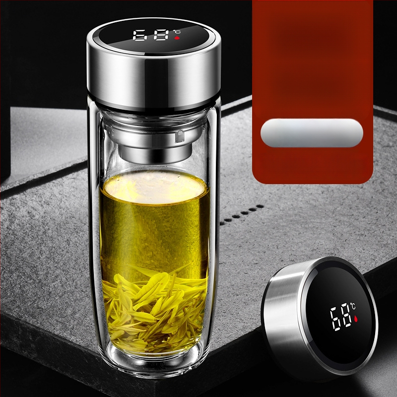 Διπλό τοίχωμα γυάλινο ποτήρι νερού από γυαλί υψηλής θερμοαντοχής με καπάκι και σουρωτήρι, ευφυής ένδειξη θερμοκρασίας, εκτυπωμένο λογότυπο, εταιρικό δώρο