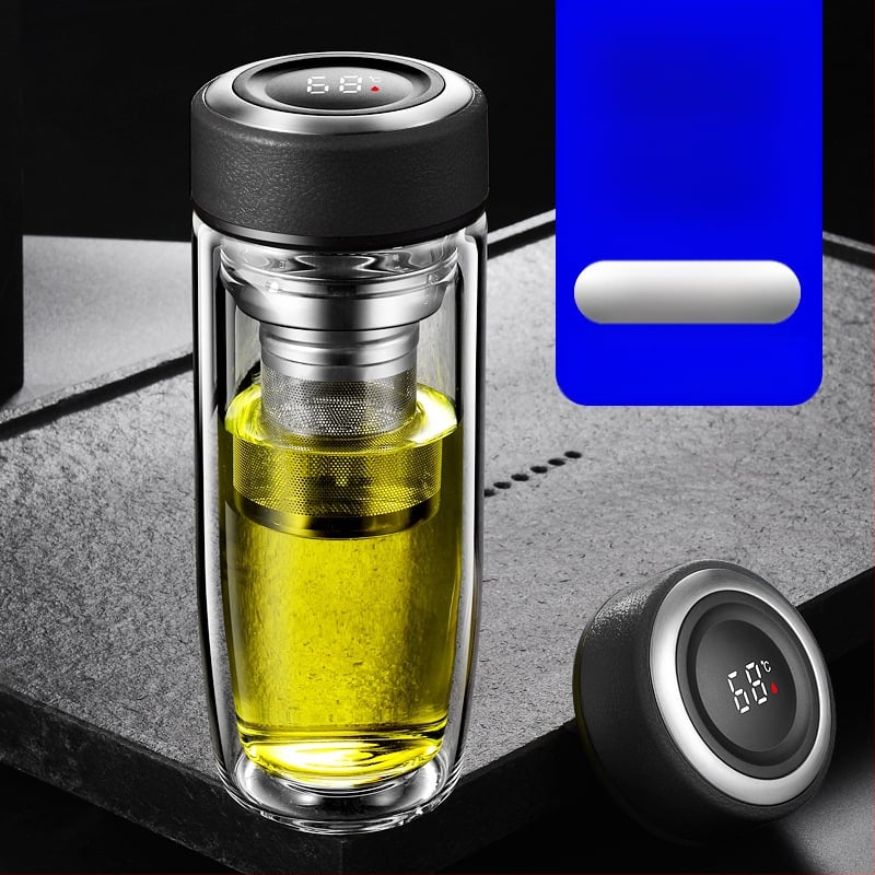 Διπλό τοίχωμα γυάλινο ποτήρι νερού από γυαλί υψηλής θερμοαντοχής με καπάκι και σουρωτήρι, ευφυής ένδειξη θερμοκρασίας, εκτυπωμένο λογότυπο, εταιρικό δώρο