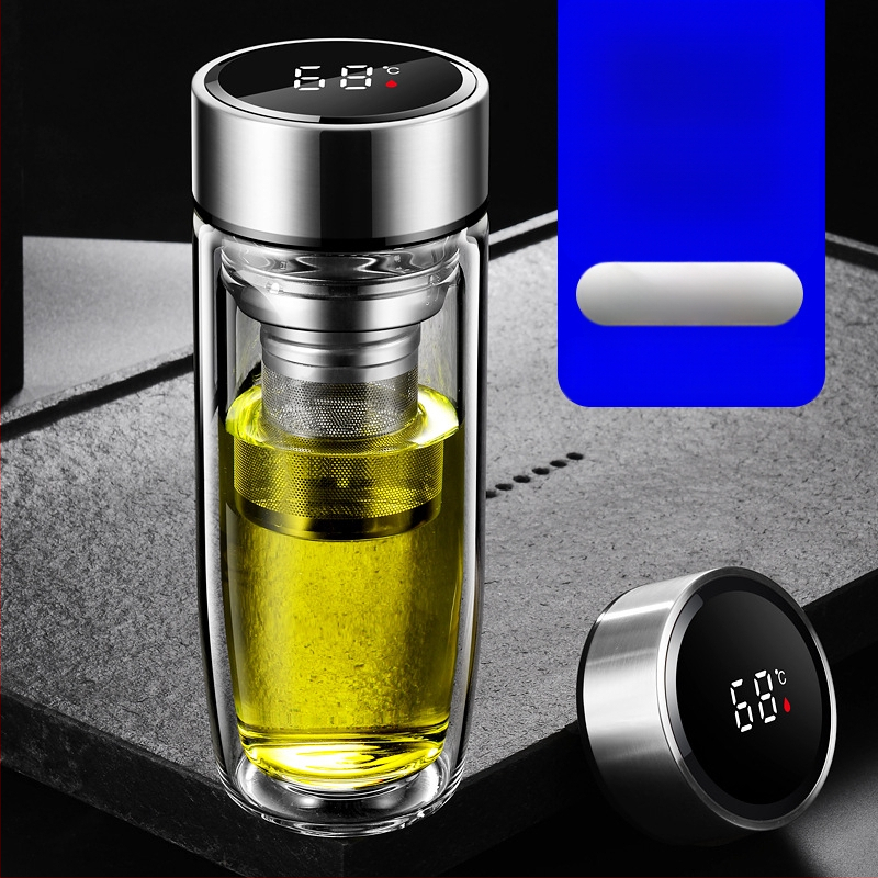 Διπλό τοίχωμα γυάλινο ποτήρι νερού από γυαλί υψηλής θερμοαντοχής με καπάκι και σουρωτήρι, ευφυής ένδειξη θερμοκρασίας, εκτυπωμένο λογότυπο, εταιρικό δώρο