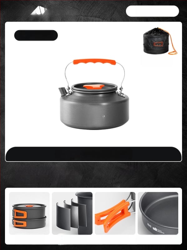 Портативен комплект къмпинг съдове за готвене – алуминиева сплав, Tuocun, за 1–2 души, тегло 1,0 кг