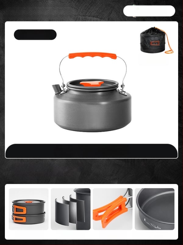 Портативен комплект къмпинг съдове за готвене – алуминиева сплав, Tuocun, за 1–2 души, тегло 1,0 кг