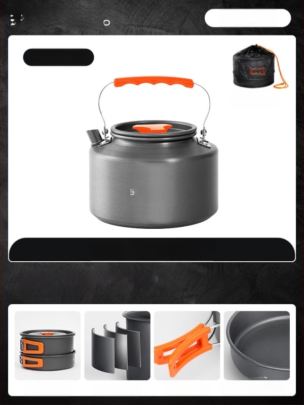 Портативен комплект къмпинг съдове за готвене – алуминиева сплав, Tuocun, за 1–2 души, тегло 1,0 кг