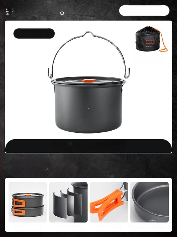 Портативен комплект къмпинг съдове за готвене – алуминиева сплав, Tuocun, за 1–2 души, тегло 1,0 кг