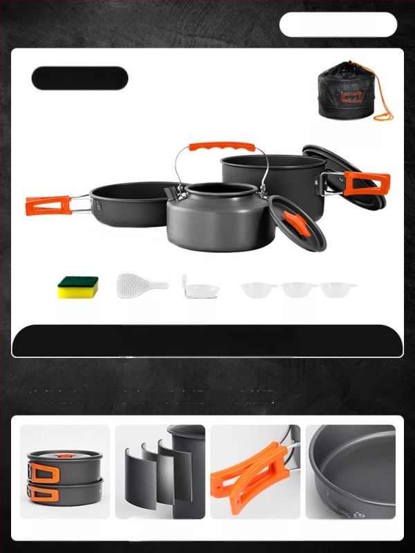 Портативен комплект къмпинг съдове за готвене – алуминиева сплав, Tuocun, за 1–2 души, тегло 1,0 кг