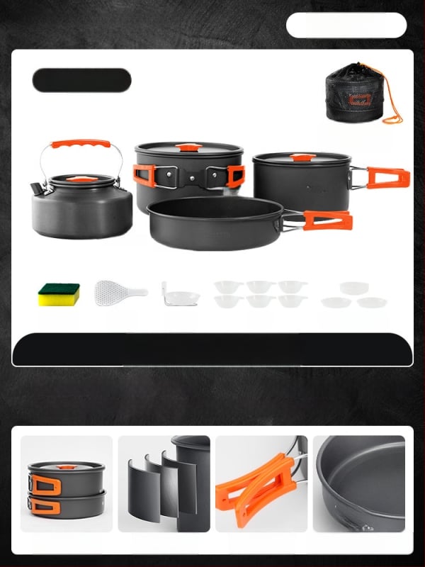 Портативен комплект къмпинг съдове за готвене – алуминиева сплав, Tuocun, за 1–2 души, тегло 1,0 кг