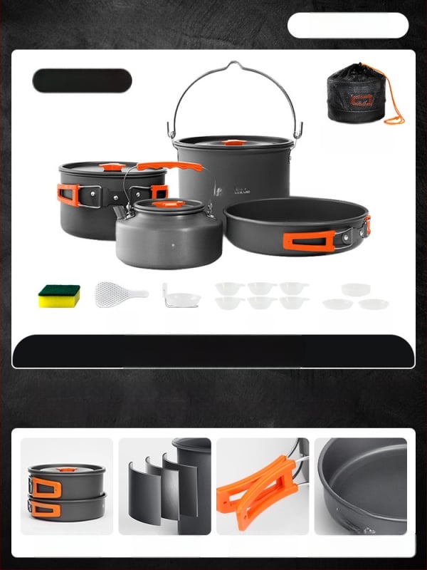 Портативен комплект къмпинг съдове за готвене – алуминиева сплав, Tuocun, за 1–2 души, тегло 1,0 кг
