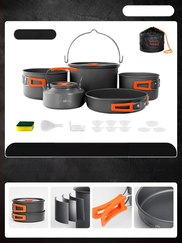 Портативен комплект къмпинг съдове за готвене – алуминиева сплав, Tuocun, за 1–2 души, тегло 1,0 кг