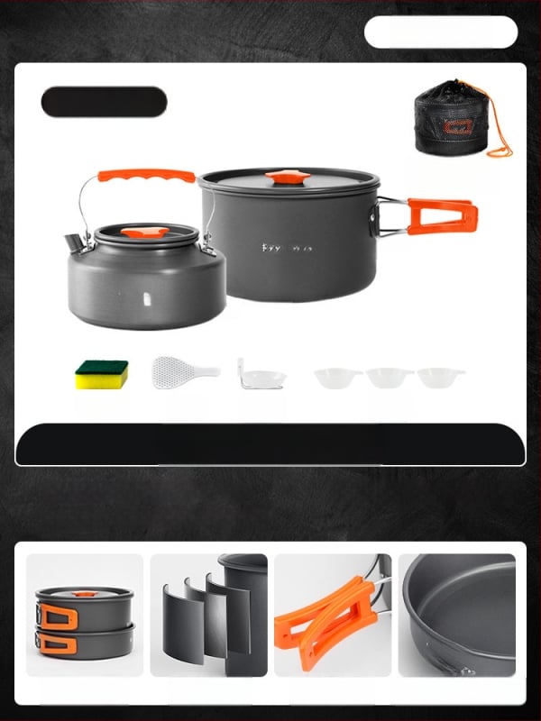Портативен комплект къмпинг съдове за готвене – алуминиева сплав, Tuocun, за 1–2 души, тегло 1,0 кг