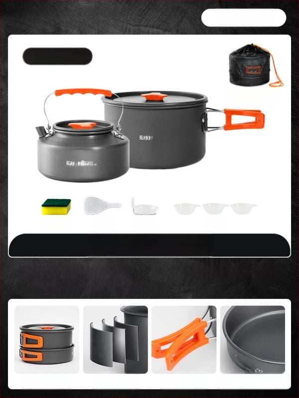 Портативен комплект къмпинг съдове за готвене – алуминиева сплав, Tuocun, за 1–2 души, тегло 1,0 кг