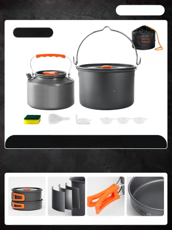 Портативен комплект къмпинг съдове за готвене – алуминиева сплав, Tuocun, за 1–2 души, тегло 1,0 кг