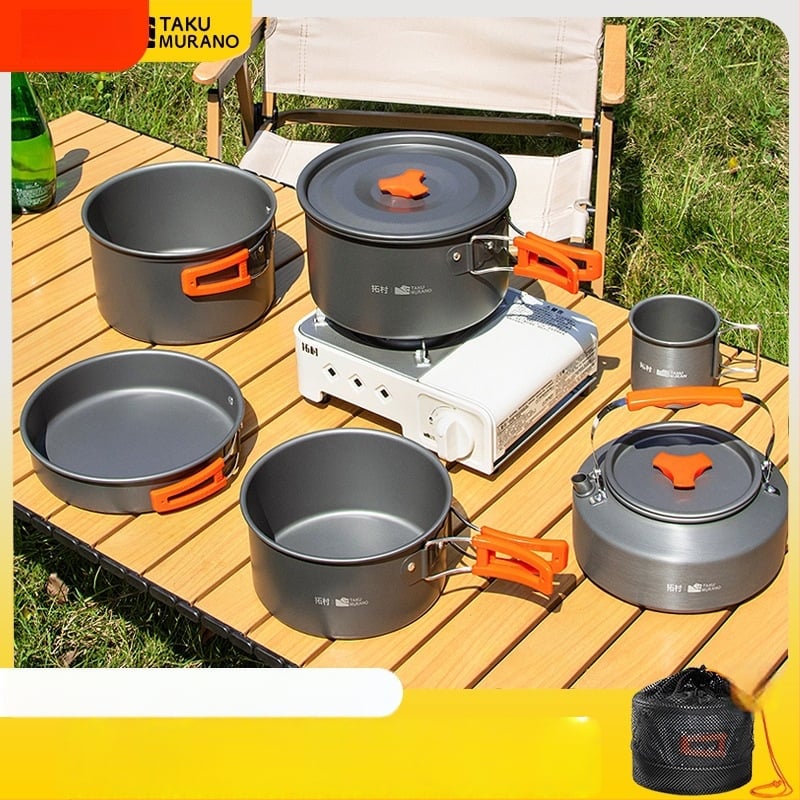 Портативен комплект къмпинг съдове за готвене – алуминиева сплав, Tuocun, за 1–2 души, тегло 1,0 кг