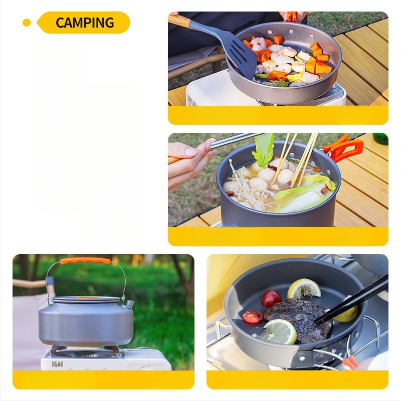 Портативен комплект къмпинг съдове за готвене – алуминиева сплав, Tuocun, за 1–2 души, тегло 1,0 кг