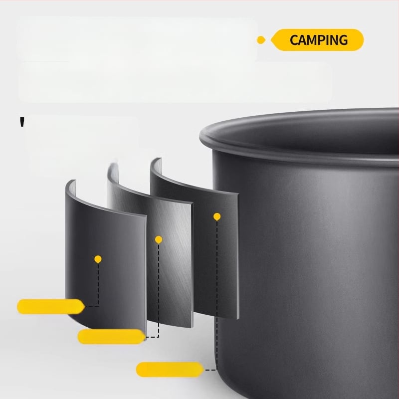 Портативен комплект къмпинг съдове за готвене – алуминиева сплав, Tuocun, за 1–2 души, тегло 1,0 кг