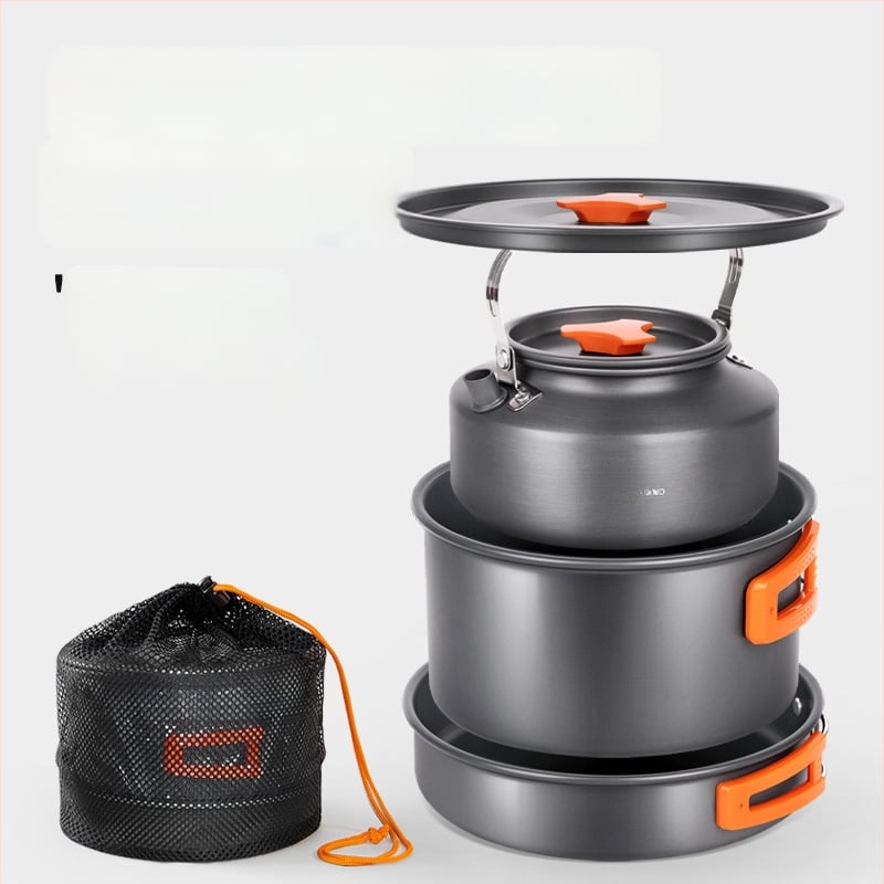 Портативен комплект къмпинг съдове за готвене – алуминиева сплав, Tuocun, за 1–2 души, тегло 1,0 кг