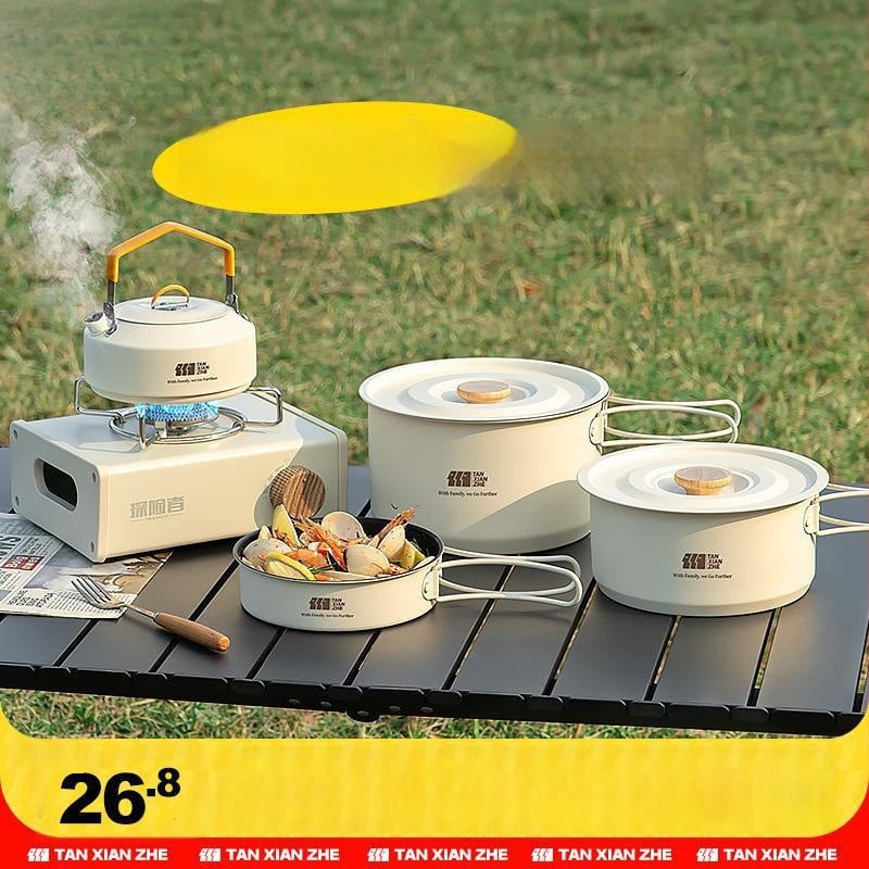 Набор съдове за къмпинг: тричленен комплект с походен котел и чайник (неръждаема стомана, преносим)