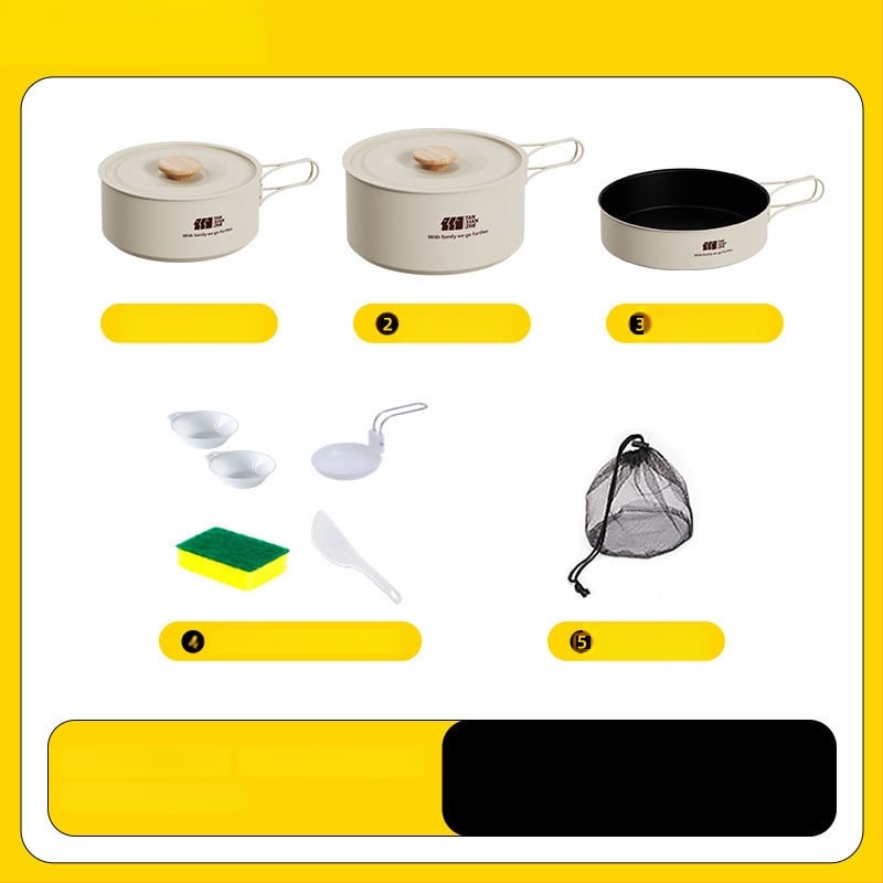 Набор съдове за къмпинг: тричленен комплект с походен котел и чайник (неръждаема стомана, преносим)