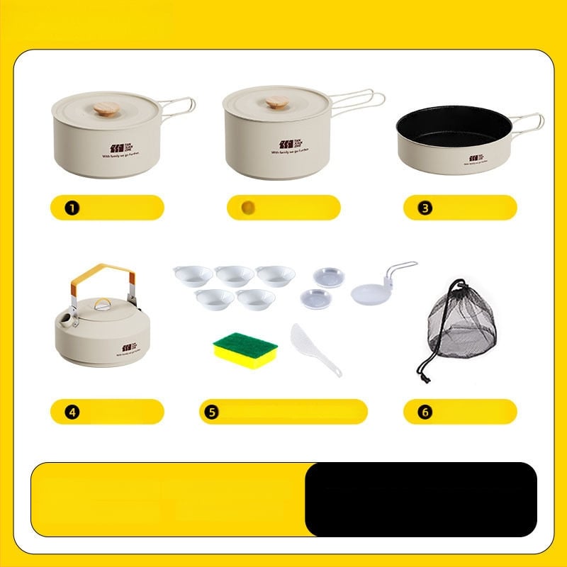 Набор съдове за къмпинг: тричленен комплект с походен котел и чайник (неръждаема стомана, преносим)