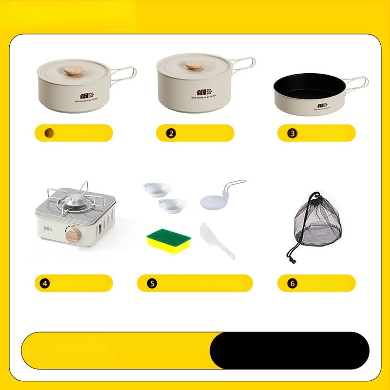 Набор съдове за къмпинг: тричленен комплект с походен котел и чайник (неръждаема стомана, преносим)