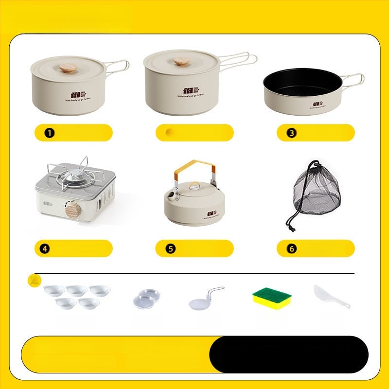 Набор съдове за къмпинг: тричленен комплект с походен котел и чайник (неръждаема стомана, преносим)