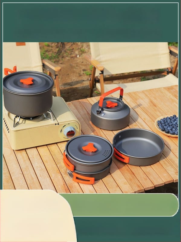 Портативен къмпинг комплект съдове за готвене, алуминиева сплав, за 3–5 човека, многофункционален (пържене/варене), възможност за печат на лого