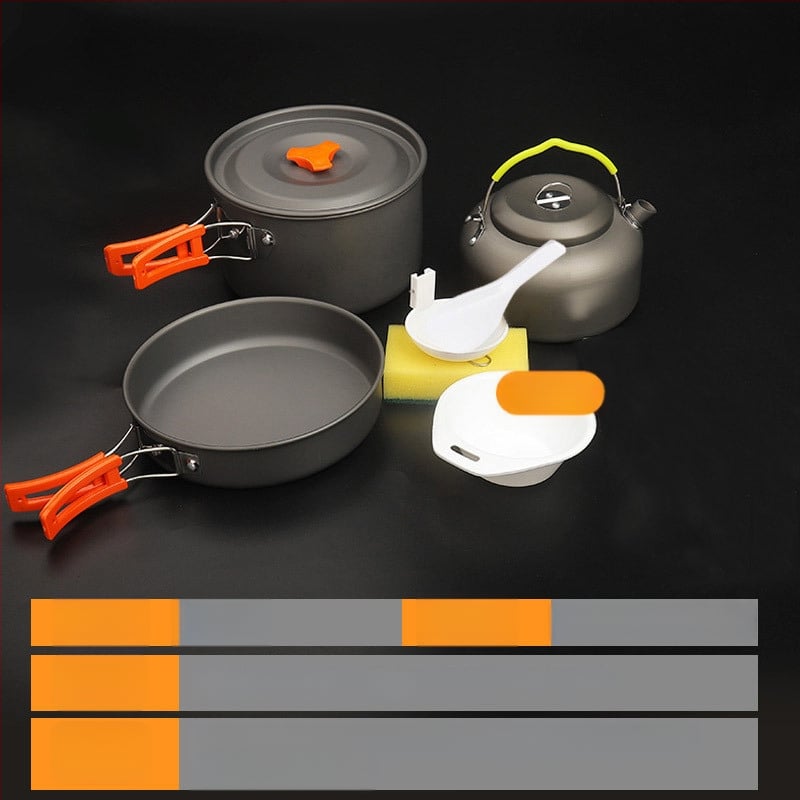 Портативен къмпинг комплект съдове за готвене, алуминиева сплав, за 3–5 човека, многофункционален (пържене/варене), възможност за печат на лого