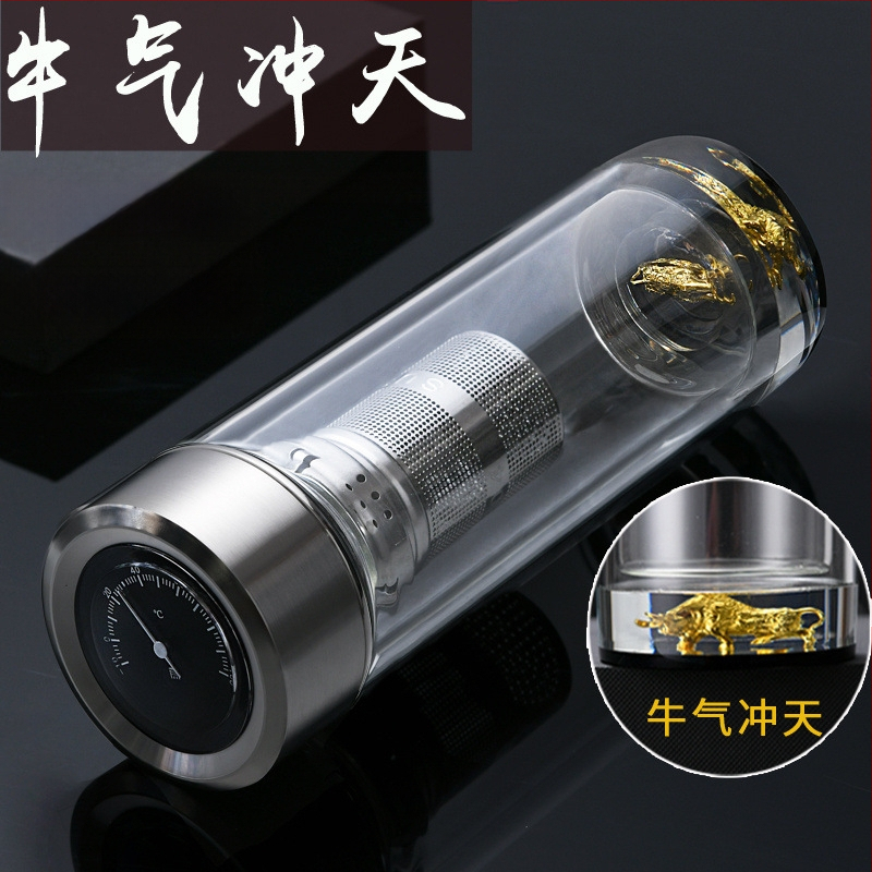 Κούπα τσαγιού με διπλό τοίχωμα από γυαλί, ευφυής μέτρηση θερμοκρασίας, πολυεπίπεδη κατασκευή, κινεζικού στυλ με καπάκι και χωρίς φίλτρο