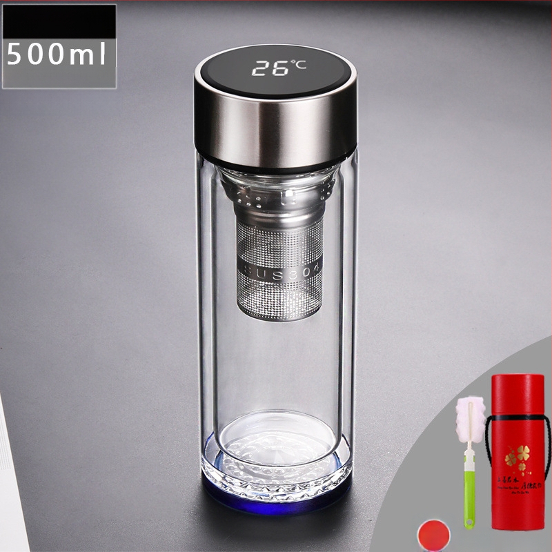 Κούπα τσαγιού με διπλό τοίχωμα από γυαλί, ευφυής μέτρηση θερμοκρασίας, πολυεπίπεδη κατασκευή, κινεζικού στυλ με καπάκι και χωρίς φίλτρο