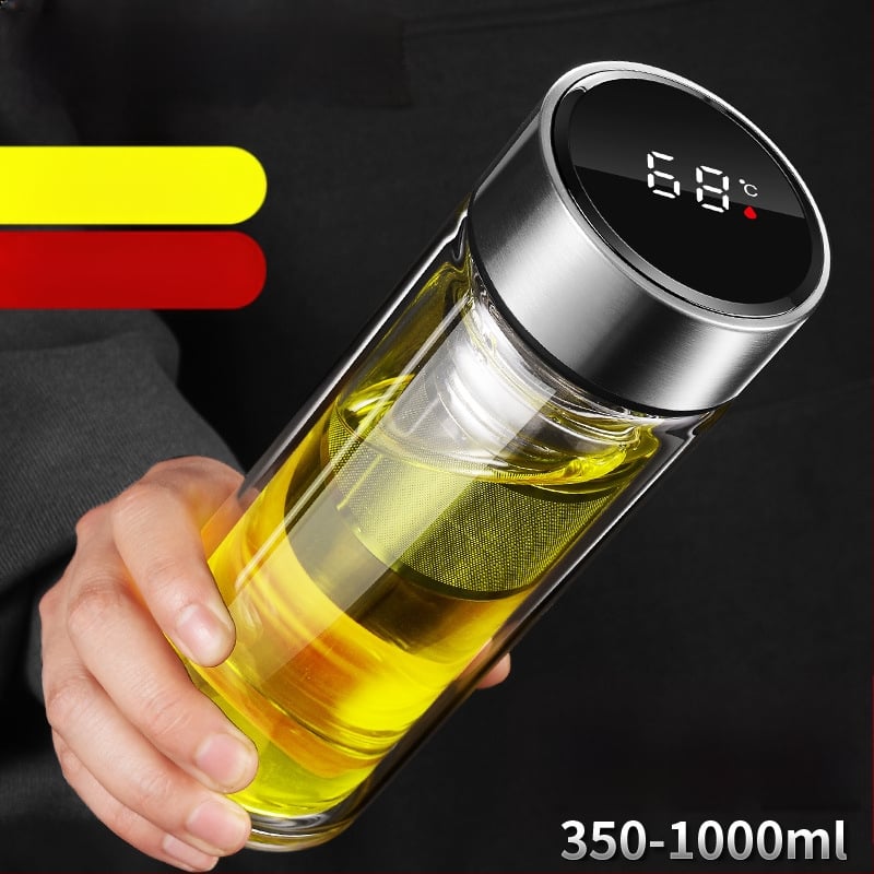 Ποτήρι γυαλιού με διπλό τοίχωμα, έξυπνη μέτρηση θερμοκρασίας, φίλτρο τσαγιού, από γυαλί υψηλής αντοχής, στεγανοποιημένο