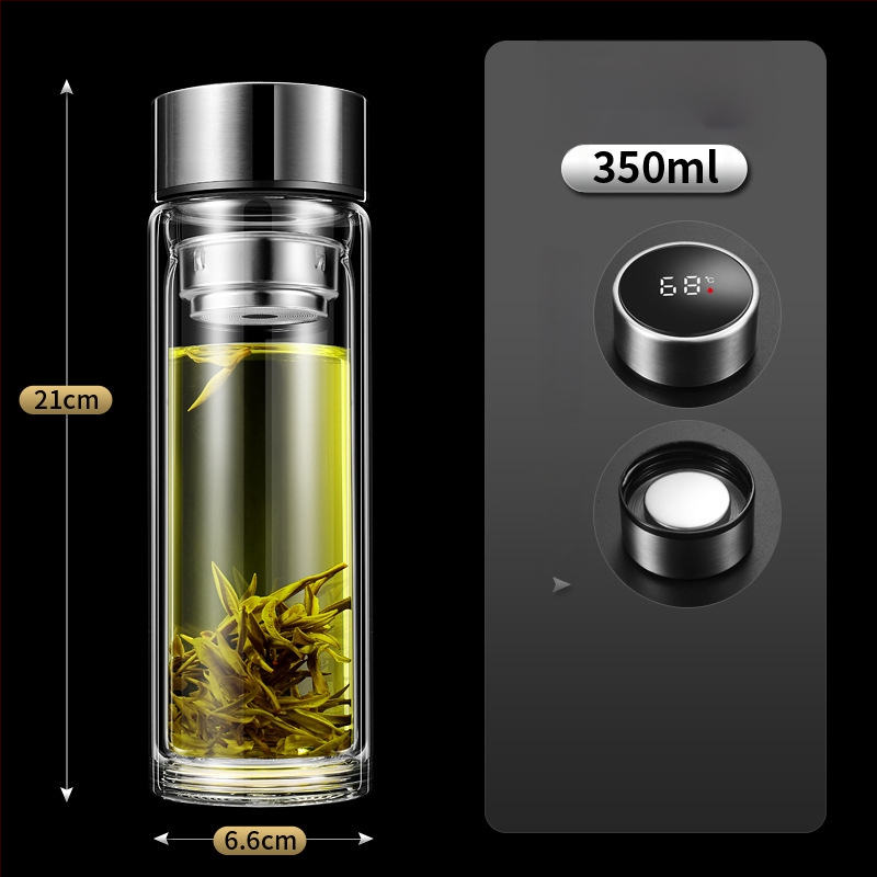 Ποτήρι γυαλιού με διπλό τοίχωμα, έξυπνη μέτρηση θερμοκρασίας, φίλτρο τσαγιού, από γυαλί υψηλής αντοχής, στεγανοποιημένο