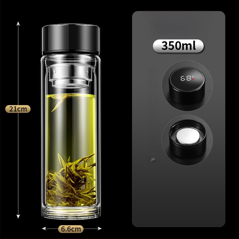 Ποτήρι γυαλιού με διπλό τοίχωμα, έξυπνη μέτρηση θερμοκρασίας, φίλτρο τσαγιού, από γυαλί υψηλής αντοχής, στεγανοποιημένο