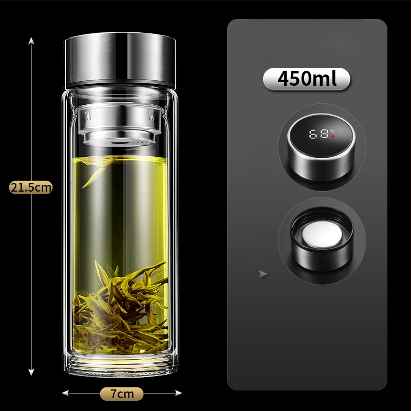 Ποτήρι γυαλιού με διπλό τοίχωμα, έξυπνη μέτρηση θερμοκρασίας, φίλτρο τσαγιού, από γυαλί υψηλής αντοχής, στεγανοποιημένο