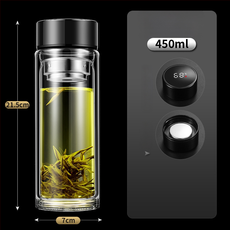 Ποτήρι γυαλιού με διπλό τοίχωμα, έξυπνη μέτρηση θερμοκρασίας, φίλτρο τσαγιού, από γυαλί υψηλής αντοχής, στεγανοποιημένο