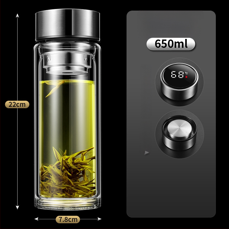 Ποτήρι γυαλιού με διπλό τοίχωμα, έξυπνη μέτρηση θερμοκρασίας, φίλτρο τσαγιού, από γυαλί υψηλής αντοχής, στεγανοποιημένο