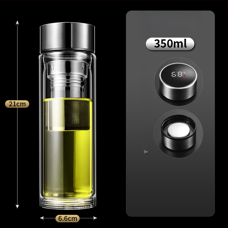 Ποτήρι γυαλιού με διπλό τοίχωμα, έξυπνη μέτρηση θερμοκρασίας, φίλτρο τσαγιού, από γυαλί υψηλής αντοχής, στεγανοποιημένο