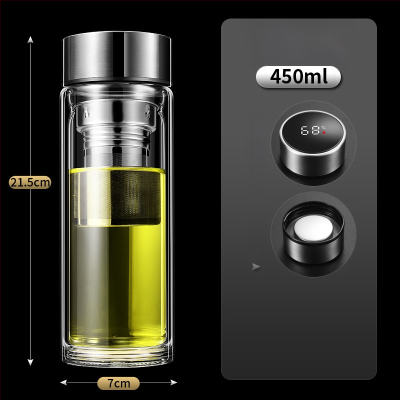 Ποτήρι γυαλιού με διπλό τοίχωμα, έξυπνη μέτρηση θερμοκρασίας, φίλτρο τσαγιού, από γυαλί υψηλής αντοχής, στεγανοποιημένο