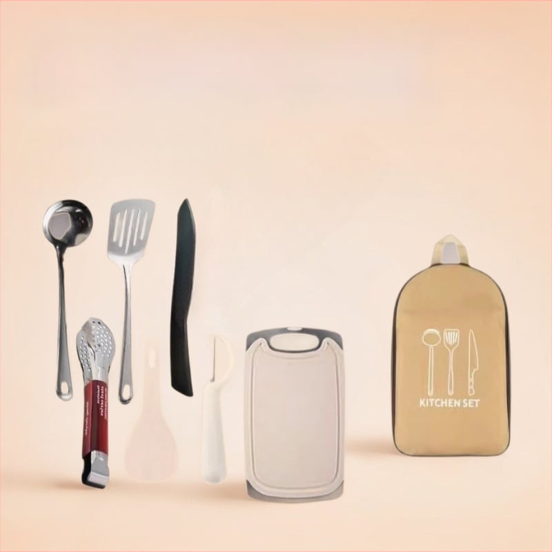 Преносим комплект за къмпинг кухненски прибори от неръждаема стомана – многофункционален комплект съдове с нож, вилица и лъжица и чанта за подправки