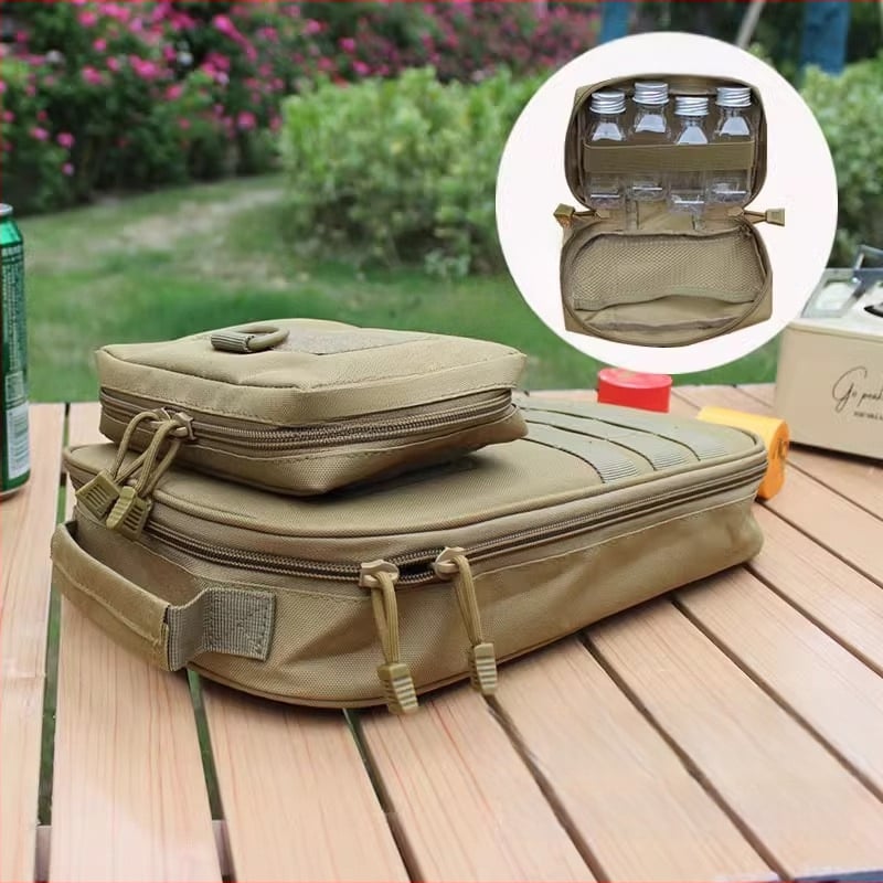 Преносим комплект за къмпинг кухненски прибори от неръждаема стомана – многофункционален комплект съдове с нож, вилица и лъжица и чанта за подправки