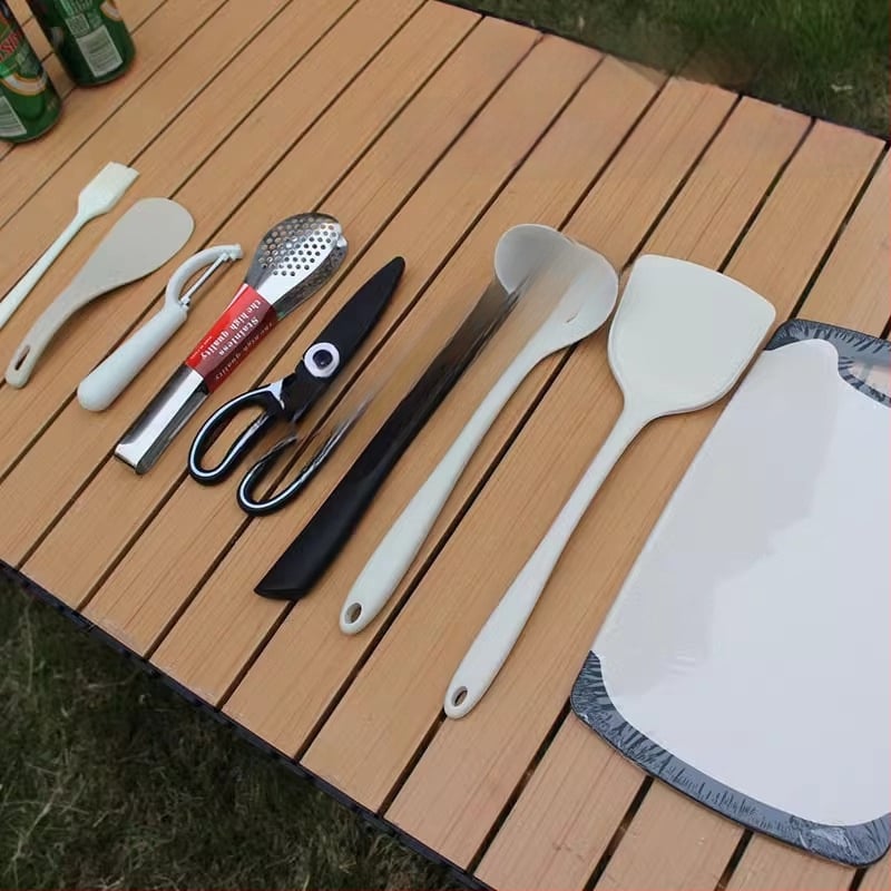 Преносим комплект за къмпинг кухненски прибори от неръждаема стомана – многофункционален комплект съдове с нож, вилица и лъжица и чанта за подправки