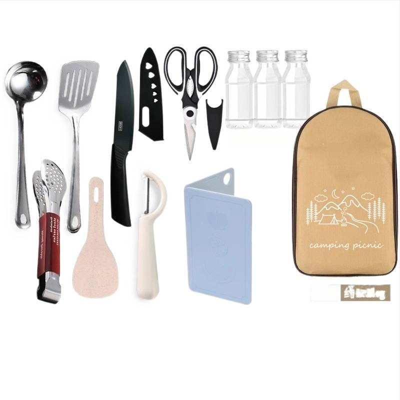 Преносим комплект за къмпинг кухненски прибори от неръждаема стомана – многофункционален комплект съдове с нож, вилица и лъжица и чанта за подправки