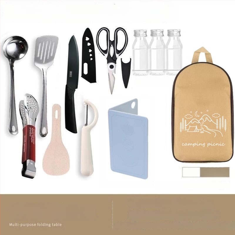 Преносим комплект за къмпинг кухненски прибори от неръждаема стомана – многофункционален комплект съдове с нож, вилица и лъжица и чанта за подправки
