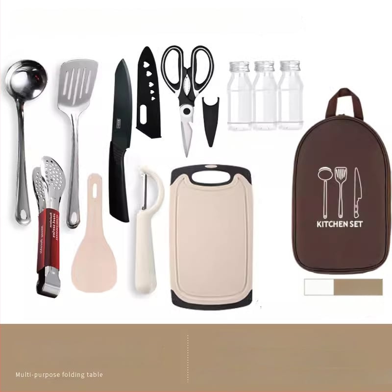 Преносим комплект за къмпинг кухненски прибори от неръждаема стомана – многофункционален комплект съдове с нож, вилица и лъжица и чанта за подправки
