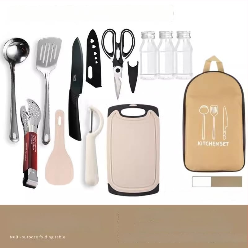 Преносим комплект за къмпинг кухненски прибори от неръждаема стомана – многофункционален комплект съдове с нож, вилица и лъжица и чанта за подправки