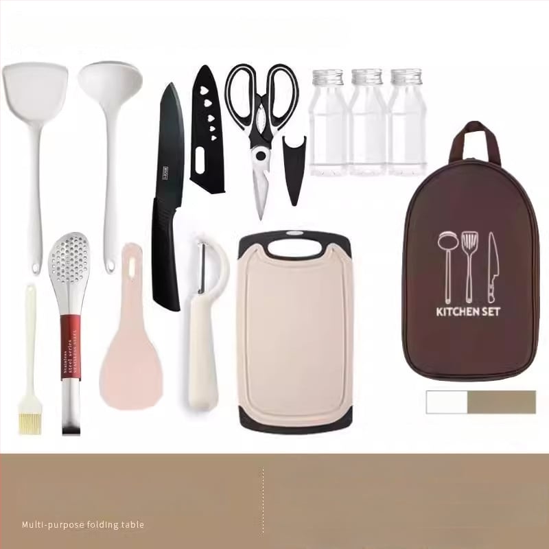 Преносим комплект за къмпинг кухненски прибори от неръждаема стомана – многофункционален комплект съдове с нож, вилица и лъжица и чанта за подправки