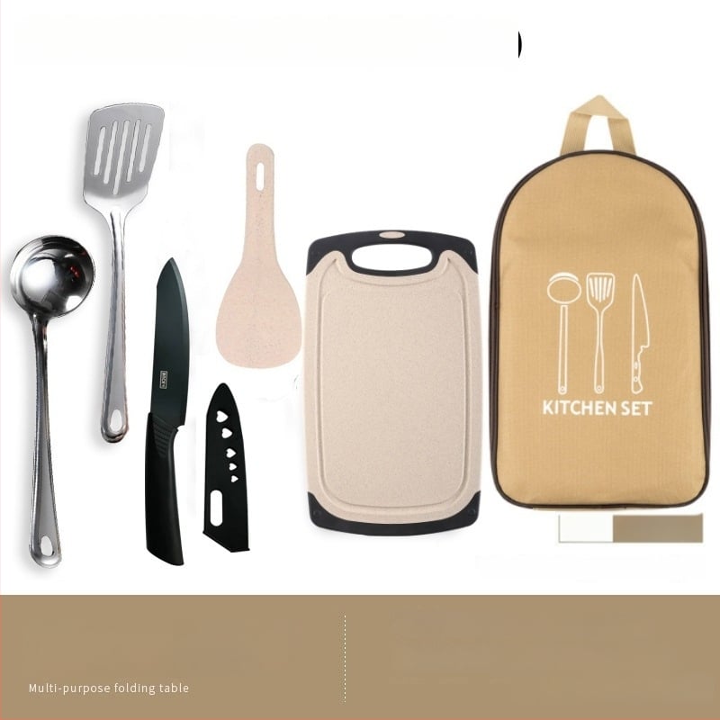 Преносим комплект за къмпинг кухненски прибори от неръждаема стомана – многофункционален комплект съдове с нож, вилица и лъжица и чанта за подправки