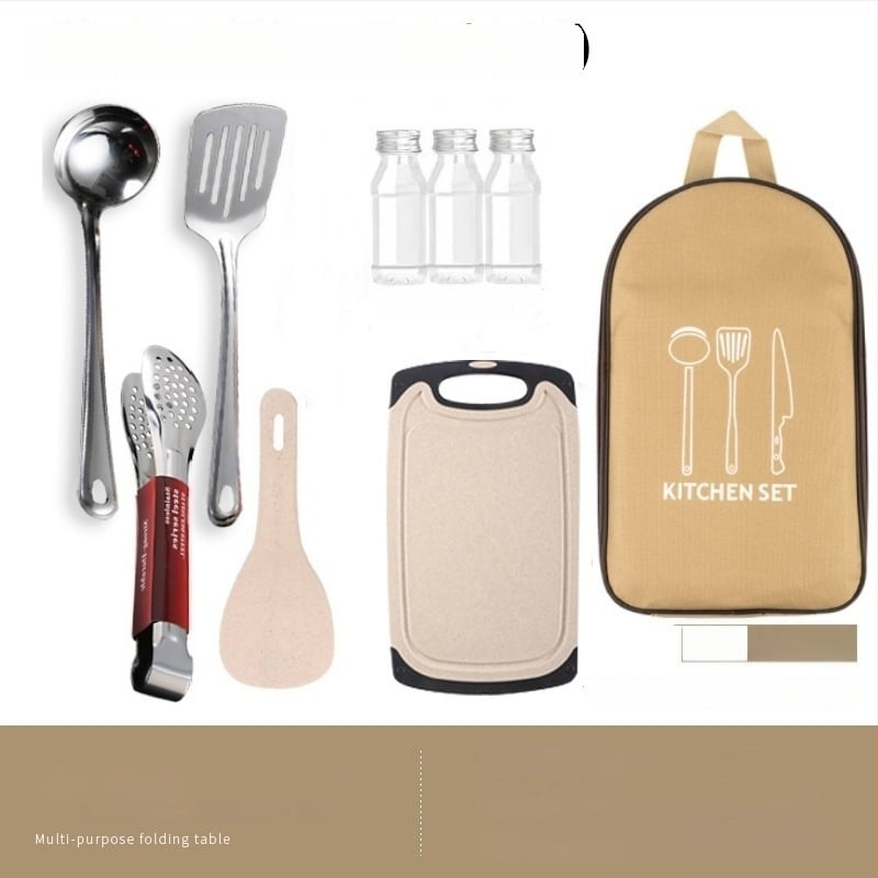 Преносим комплект за къмпинг кухненски прибори от неръждаема стомана – многофункционален комплект съдове с нож, вилица и лъжица и чанта за подправки